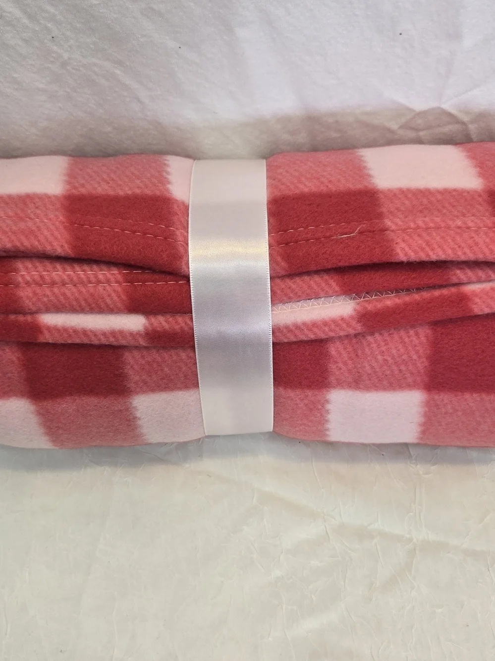 Pink Plaid Fleece Throw Blanket with Ribbon
